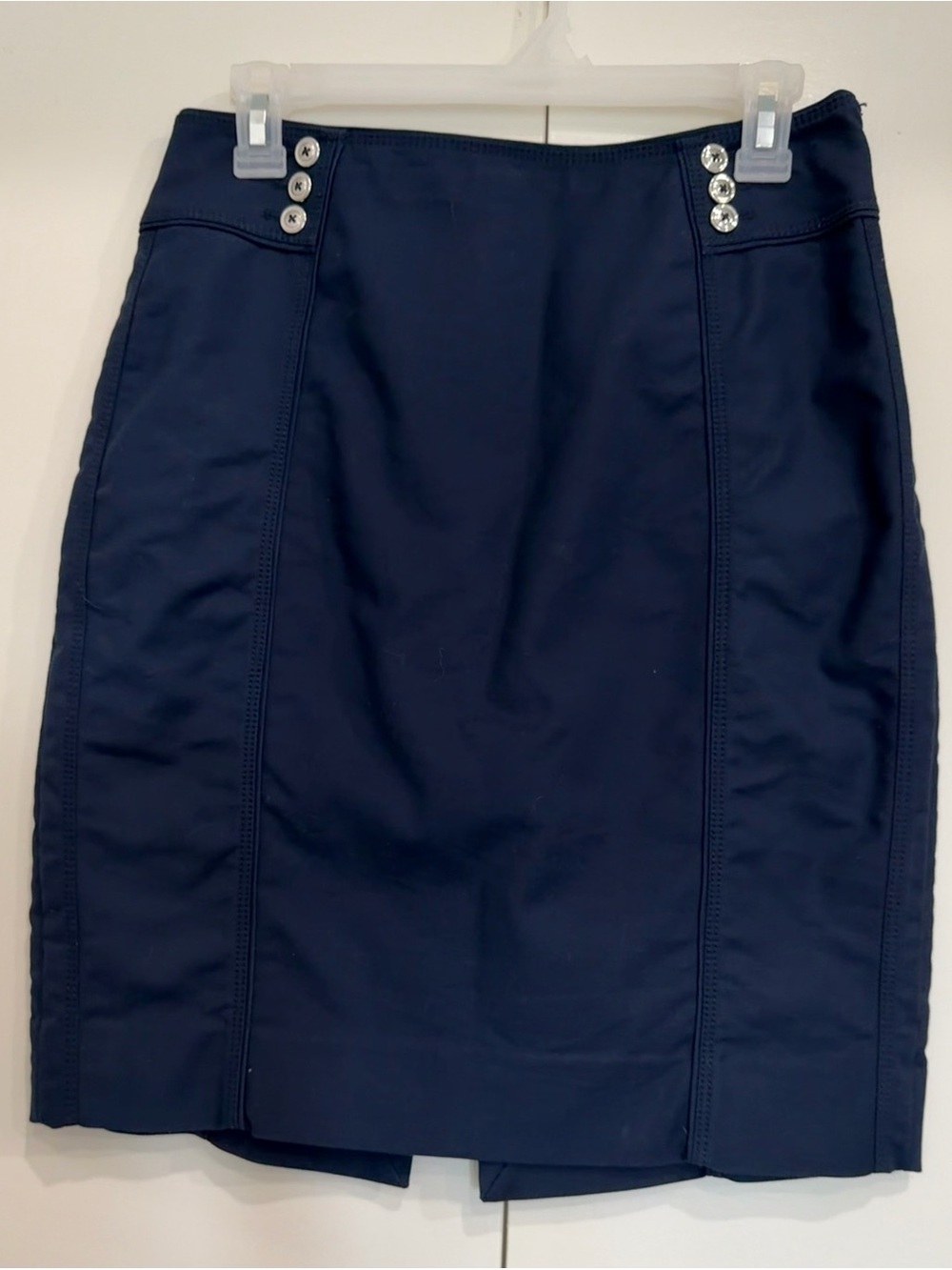 White House Black Market Perfect Form Navy Pencil Skirt with Silver-Tone Buttons